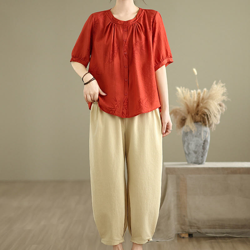 Buddha Stones 2pcs Casual Women's Short Sleeve Shirt Harem Pants Meditation Clothing Set - Red - US12,UK/AU16,EU44 (2XL) - image 8