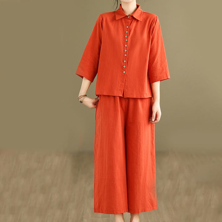 Buddha Stones 2pcs Casual Women's Stand Collar Shirt Loose Pants Meditation Clothing Set - OrangeRed - US12,UK/AU16,EU44 (2XL) - image 8