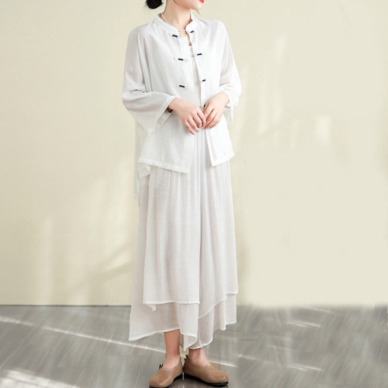 Buddha Stones 2pcs Casual Women's Frog Button Shirt Loose Pants Meditation Clothing Set - Snow - US12,UK/AU16,EU44 (XL) - image 7