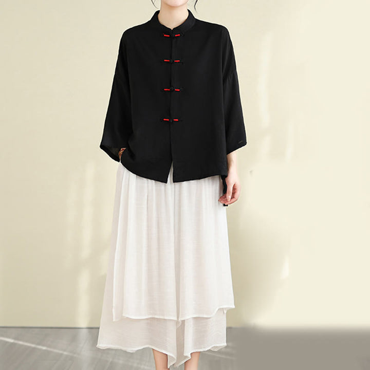 Buddha Stones 2pcs Casual Women's Frog Button Shirt Loose Pants Meditation Clothing Set - Black - US12,UK/AU16,EU44 (XL) - image 20