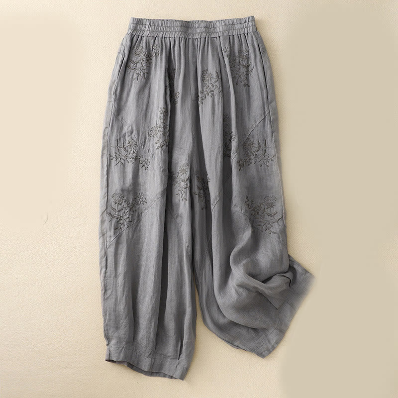 Buddha Stones Embroidered Pattern Women's Cotton Linen Harem Pants With Pockets - Gray - US12,UK/AU16,EU44 (3XL) - image 1