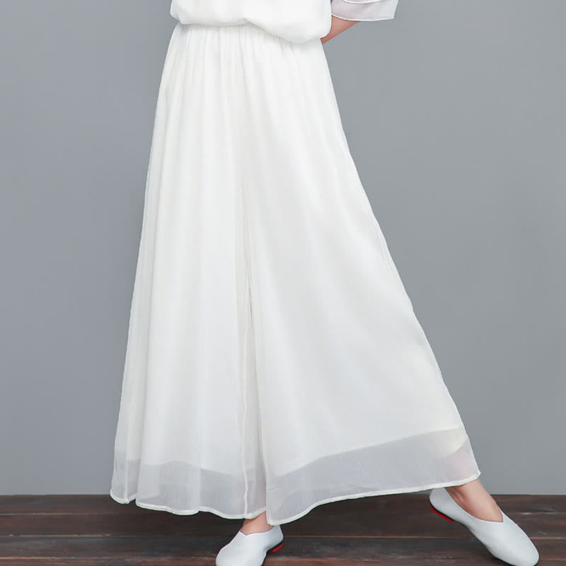 Buddha Stones Solid Women's Three Quarter Sleeve Chiffon Irregular Shirt Dress Wide Leg Pants Meditation Clothing