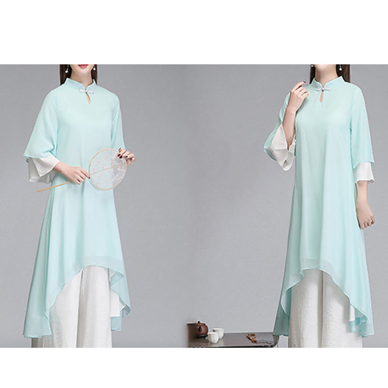 Buddha Stones Solid Women's Three Quarter Sleeve Chiffon Irregular Shirt Dress Wide Leg Pants Meditation Clothing