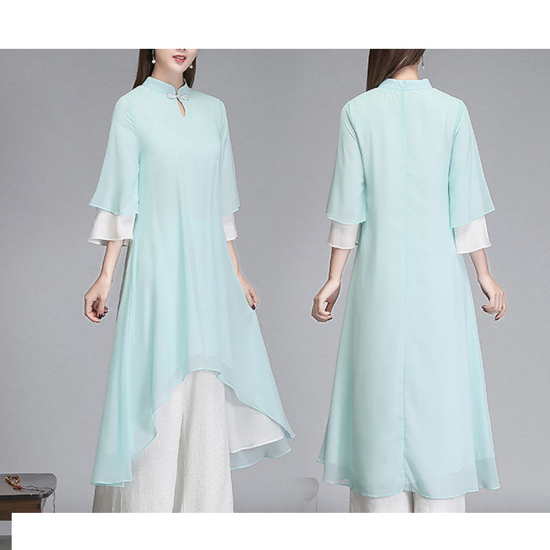 Buddha Stones Solid Women's Three Quarter Sleeve Chiffon Irregular Shirt Dress Wide Leg Pants Meditation Clothing