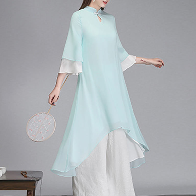 Buddha Stones Solid Women's Three Quarter Sleeve Chiffon Irregular Shirt Dress Wide Leg Pants Meditation Clothing