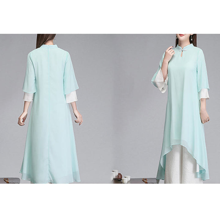 Buddha Stones Solid Women's Three Quarter Sleeve Chiffon Irregular Shirt Dress Wide Leg Pants Meditation Clothing