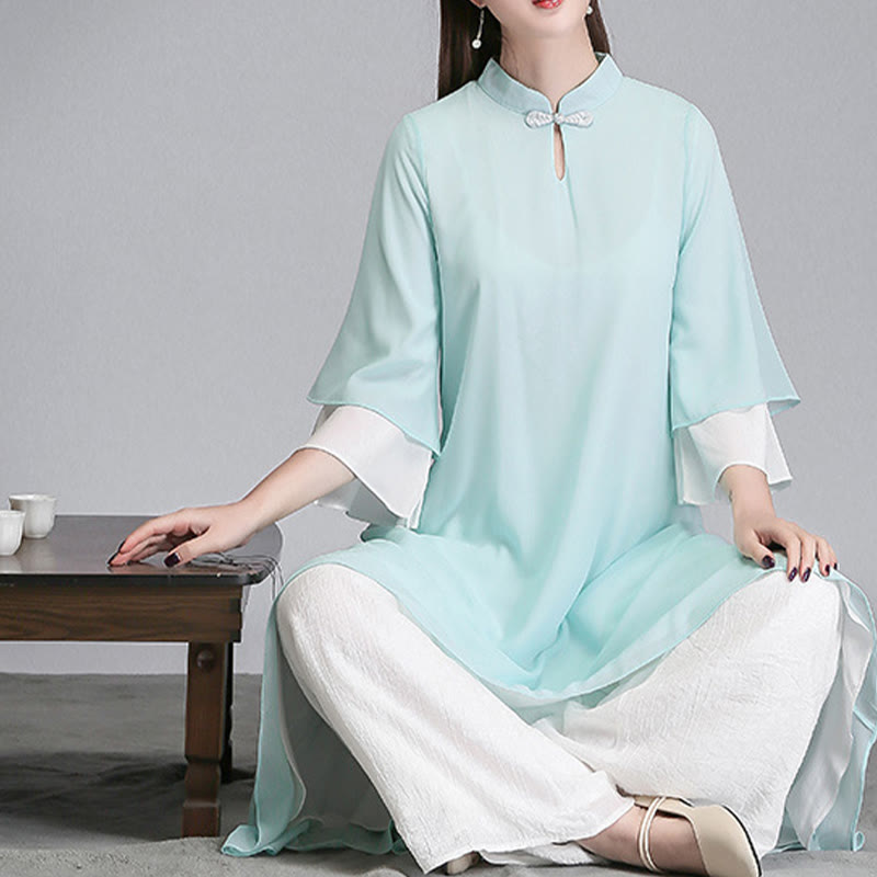 Buddha Stones Solid Women's Three Quarter Sleeve Chiffon Irregular Shirt Dress Wide Leg Pants Meditation Clothing