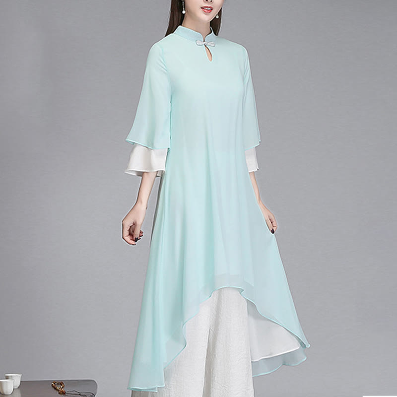 Buddha Stones Solid Women's Three Quarter Sleeve Chiffon Irregular Shirt Dress Wide Leg Pants Meditation Clothing