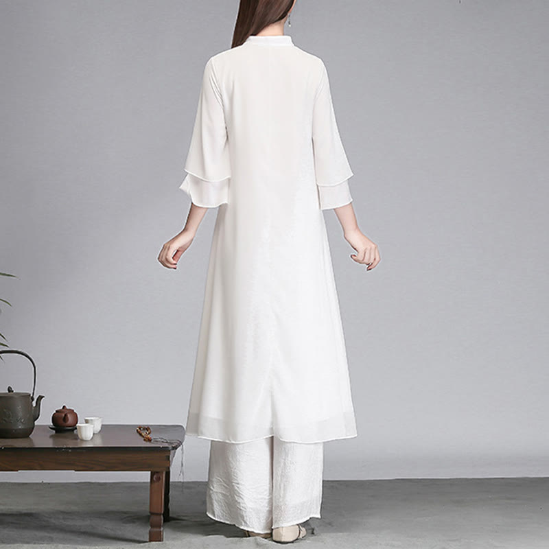 Buddha Stones Solid Women's Three Quarter Sleeve Chiffon Irregular Shirt Dress Wide Leg Pants Meditation Clothing