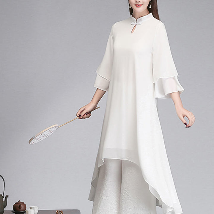 Buddha Stones Solid Women's Three Quarter Sleeve Chiffon Irregular Shirt Dress Wide Leg Pants Meditation Clothing