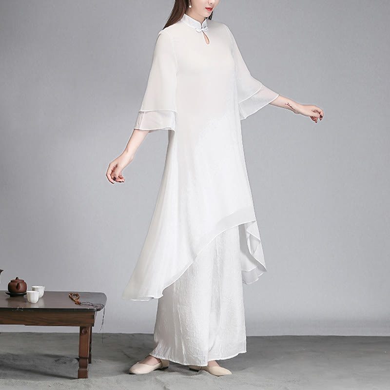 Buddha Stones Solid Women's Three Quarter Sleeve Chiffon Irregular Shirt Dress Wide Leg Pants Meditation Clothing