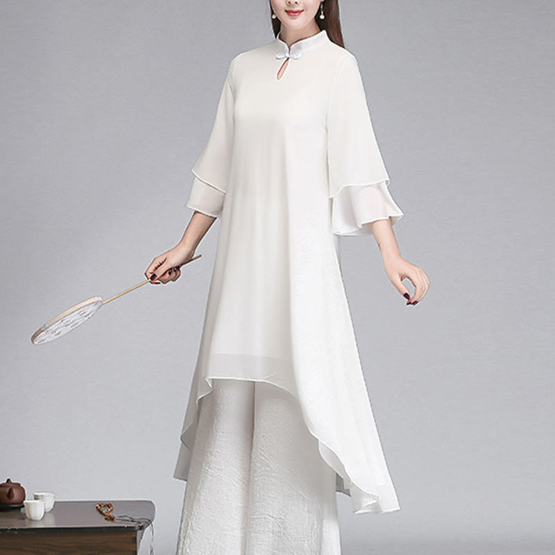 Buddha Stones Solid Women's Three Quarter Sleeve Chiffon Irregular Shirt Dress Wide Leg Pants Meditation Clothing