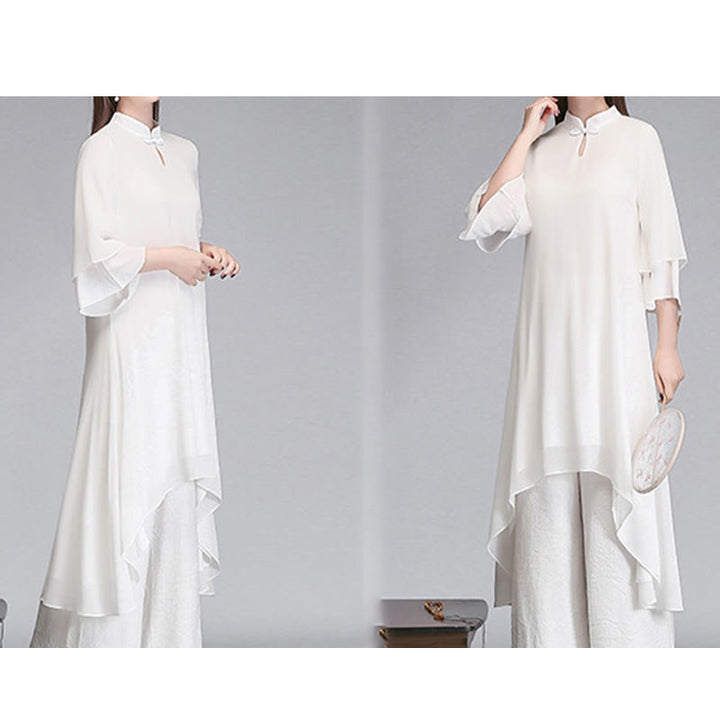 Buddha Stones Solid Women's Three Quarter Sleeve Chiffon Irregular Shirt Dress Wide Leg Pants Meditation Clothing