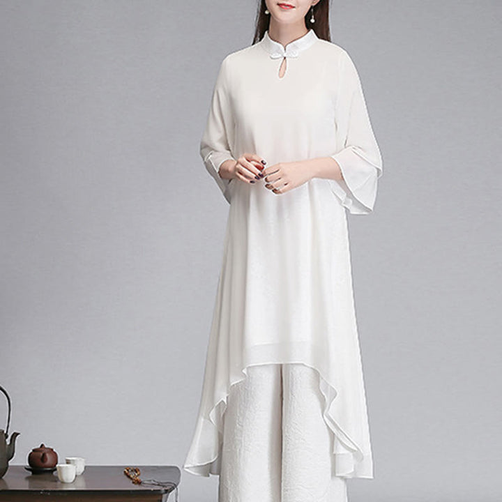 Buddha Stones Solid Women's Three Quarter Sleeve Chiffon Irregular Shirt Dress Wide Leg Pants Meditation Clothing