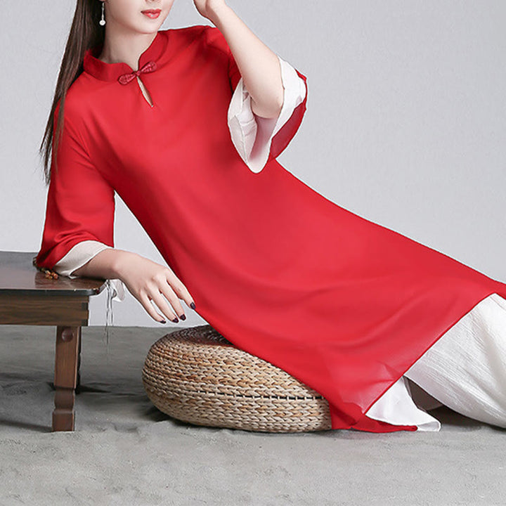 Buddha Stones Solid Women's Three Quarter Sleeve Chiffon Irregular Shirt Dress Wide Leg Pants Meditation Clothing