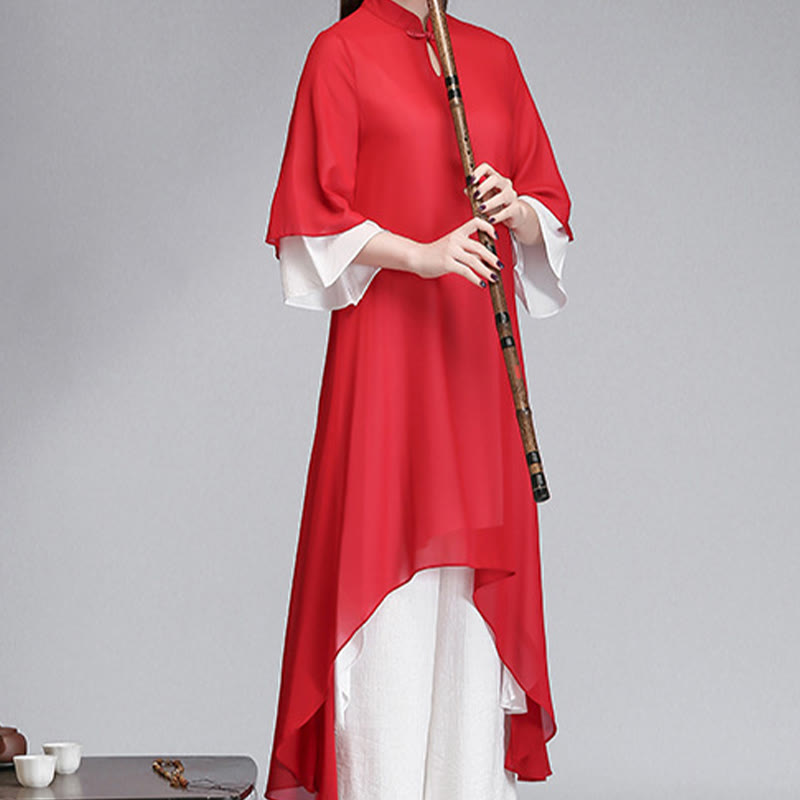 Buddha Stones Solid Women's Three Quarter Sleeve Chiffon Irregular Shirt Dress Wide Leg Pants Meditation Clothing