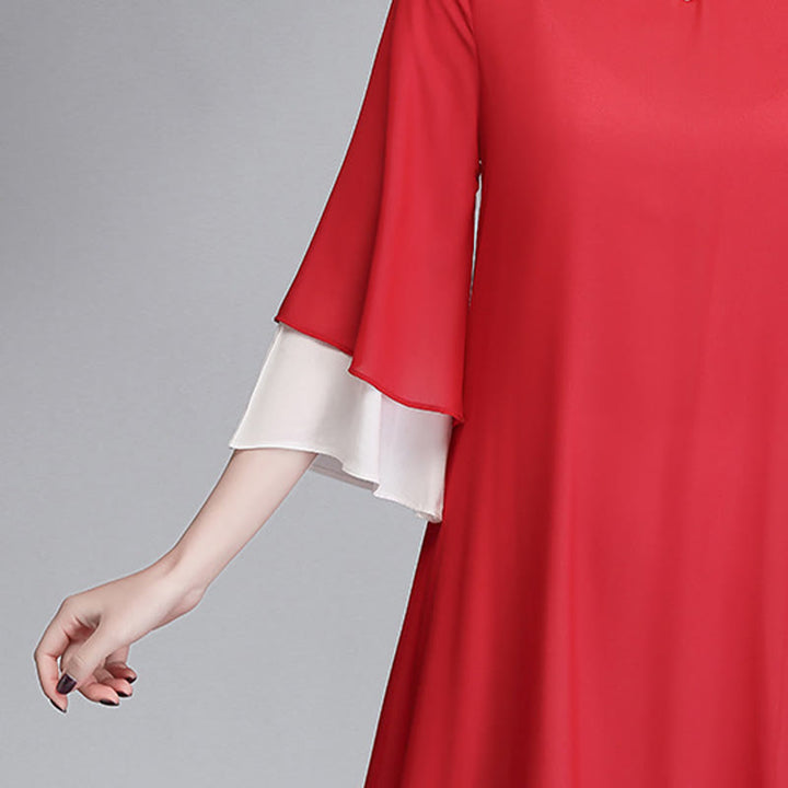 Buddha Stones Solid Women's Three Quarter Sleeve Chiffon Irregular Shirt Dress Wide Leg Pants Meditation Clothing