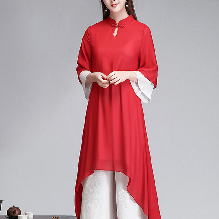 Buddha Stones Solid Women's Three Quarter Sleeve Chiffon Irregular Shirt Dress Wide Leg Pants Meditation Clothing