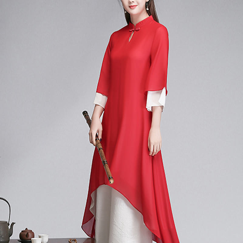 Buddha Stones Solid Women's Three Quarter Sleeve Chiffon Irregular Shirt Dress Wide Leg Pants Meditation Clothing