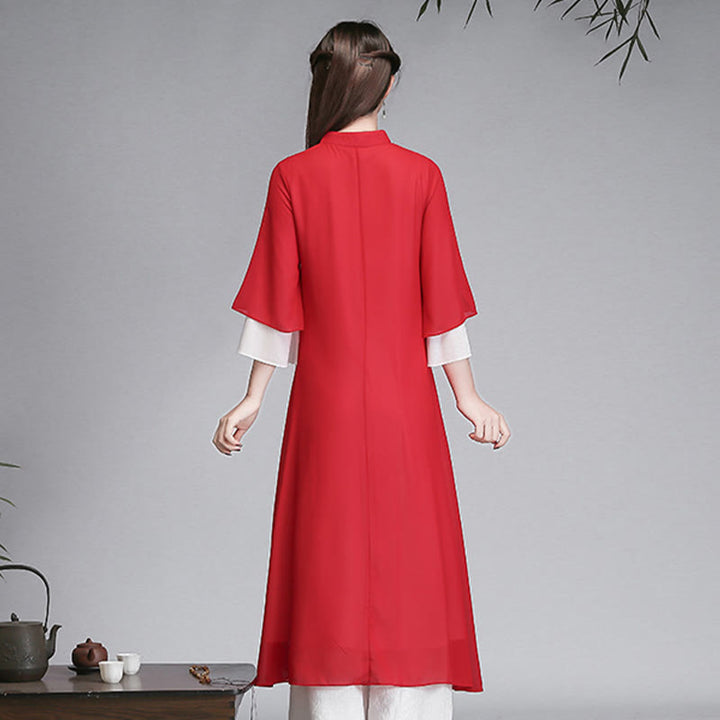 Buddha Stones Solid Women's Three Quarter Sleeve Chiffon Irregular Shirt Dress Wide Leg Pants Meditation Clothing