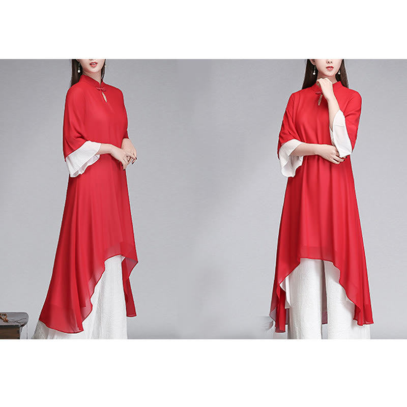 Buddha Stones Solid Women's Three Quarter Sleeve Chiffon Irregular Shirt Dress Wide Leg Pants Meditation Clothing