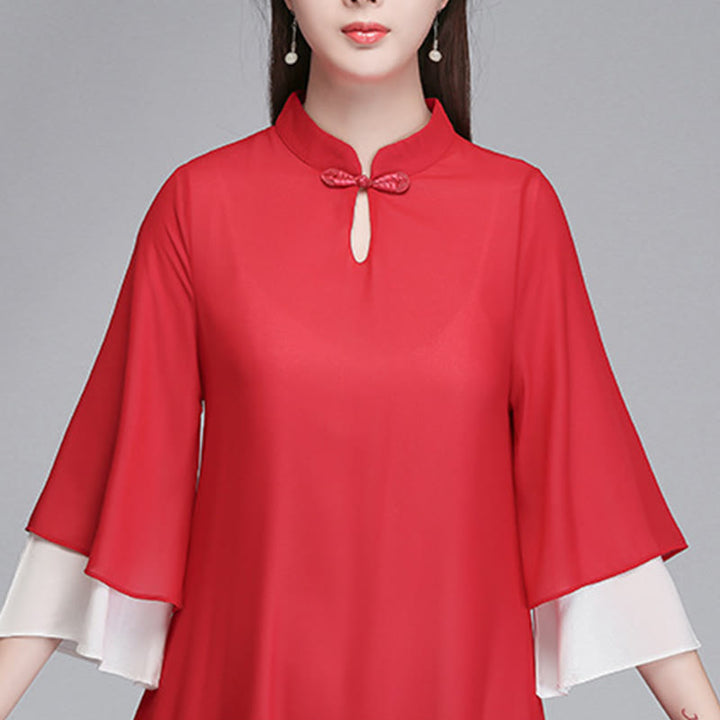 Buddha Stones Solid Women's Three Quarter Sleeve Chiffon Irregular Shirt Dress Wide Leg Pants Meditation Clothing