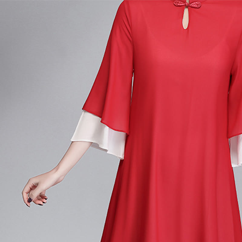 Buddha Stones Solid Women's Three Quarter Sleeve Chiffon Irregular Shirt Dress Wide Leg Pants Meditation Clothing