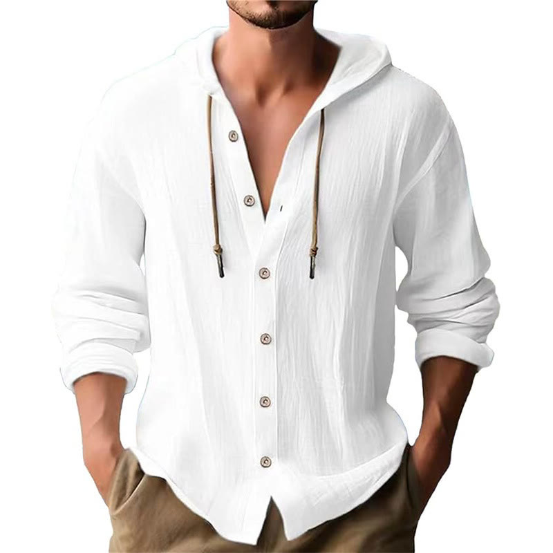 Buddha Stones Solid Color Long Sleeve Hooded Drawstring Buttons Linen Men's Shirt - White - US/UK/AU44,EU54 (3XL) - image 4
