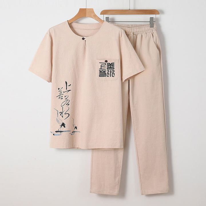 Buddha Stones 2Pcs Chinese Characters Crane Cotton Shirt Pants With Pockets Men's Meditation Cloth Set - Bisque - US/UK/AU46,EU56 (5XL) - image 2