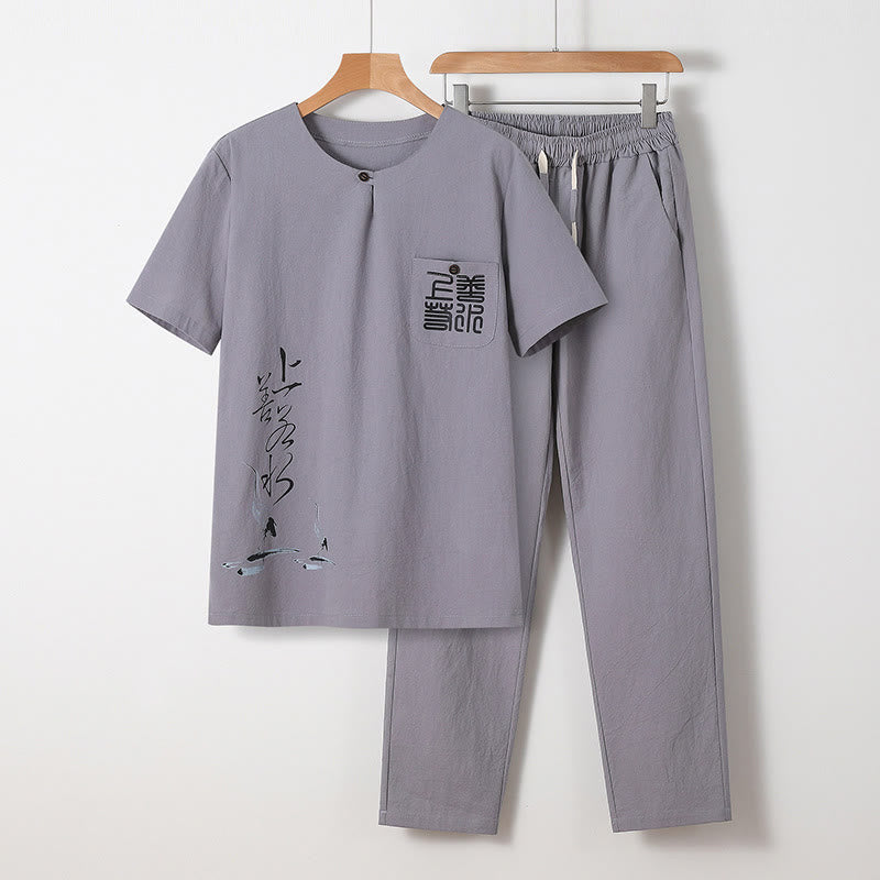 Buddha Stones 2Pcs Chinese Characters Crane Cotton Shirt Pants With Pockets Men's Meditation Cloth Set - LightGrey - US/UK/AU46,EU56 (5XL) - image 1