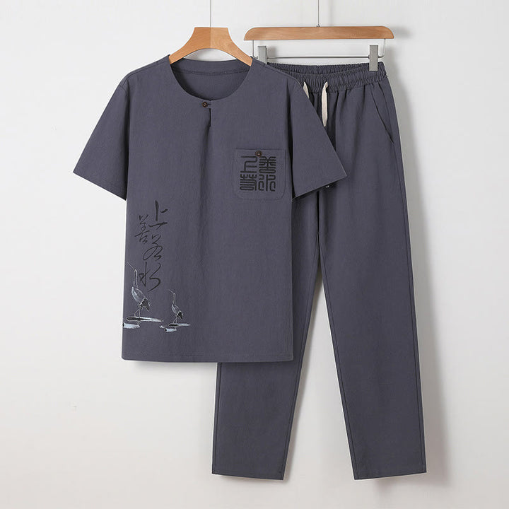 Buddha Stones 2Pcs Chinese Characters Crane Cotton Shirt Pants With Pockets Men's Meditation Cloth Set - Gray - US/UK/AU46,EU56 (5XL) - image 18