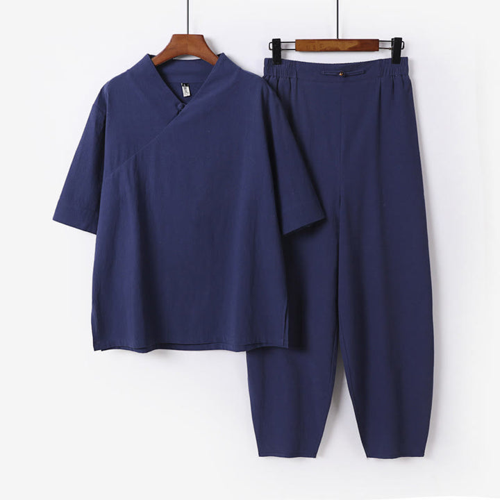Buddha Stones 2Pcs V-Neck Cotton Half Sleeve Shirt Pants With Pockets Men's Meditation Cloth Set - SteelBlue - US/UK/AU56,EU66(9XL) - image 1