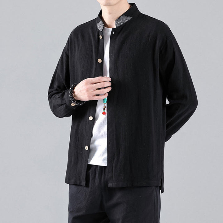 Buddha Stones Embroidered Auspicious Clouds Stand Collar Button Down Long Sleeve Men's Cotton Shirt - Black - US/UK/AU46,EU56 (5XL) - image 1