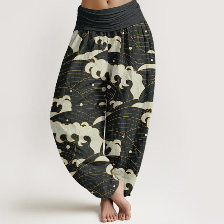 Buddha Stones Casual Abstract Wave Pattern Women's Elastic Waist Harem Pants - Black - US22,UK/AU26,EU54 (6XL) - image 1