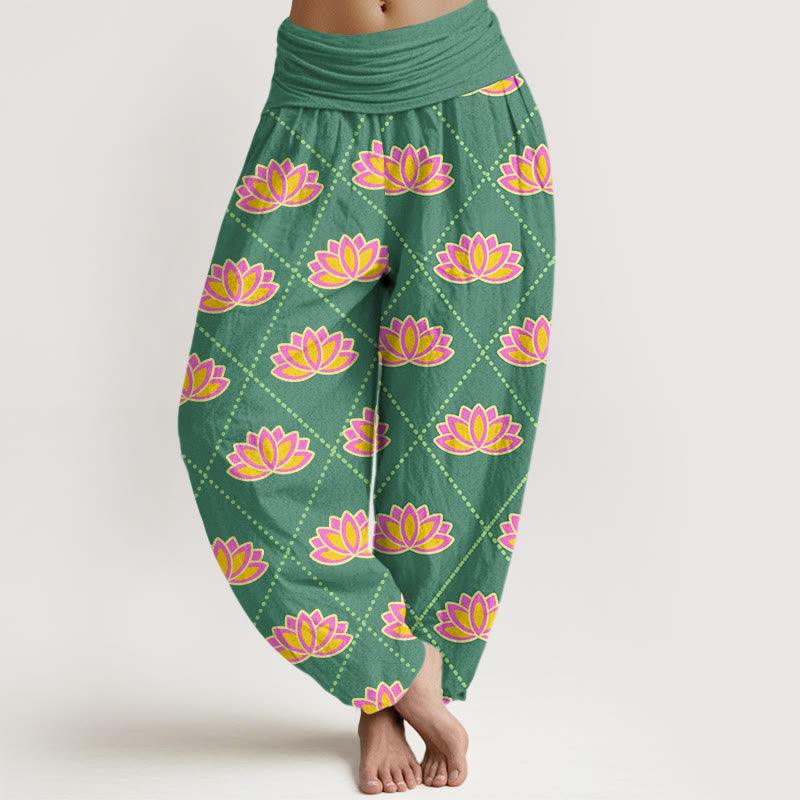 Buddha Stones Casual Vibrant Lotus Flower Pattern Women's Elastic Waist Harem Pants - MediumSeaGreen - US22,UK/AU26,EU54 (6XL) - image 1