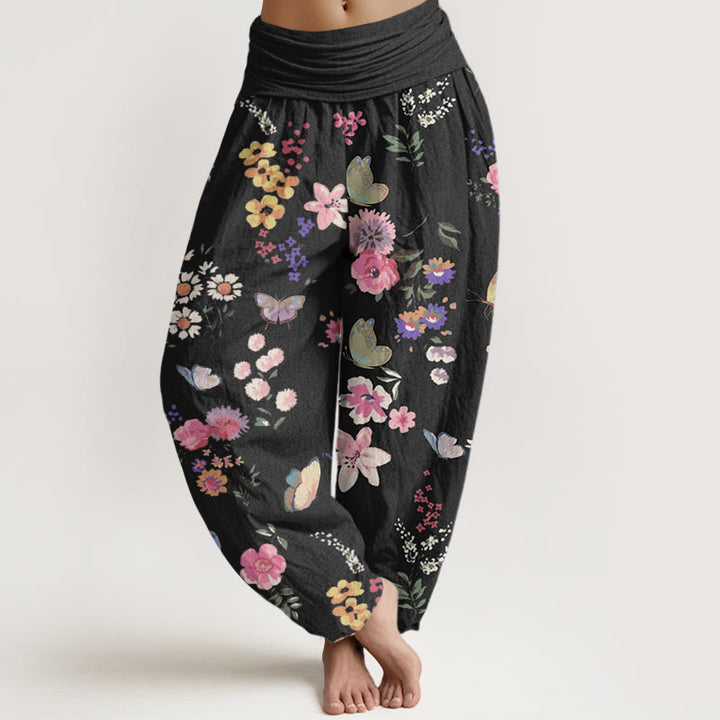 Buddha Stones Casual Colorful Flowers Butterfly Pattern Women's Elastic Waist Harem Pants - Black - US22,UK/AU26,EU54 (6XL) - image 1
