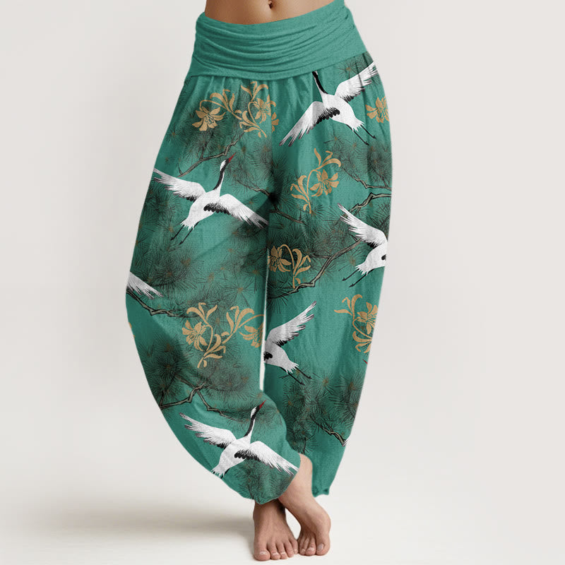 Buddha Stones Casual Red-crowned Crane Pine Tree Pattern Women's Elastic Waist Harem Pants - MediumSeaGreen - US22,UK/AU26,EU54 (6XL) - image 1