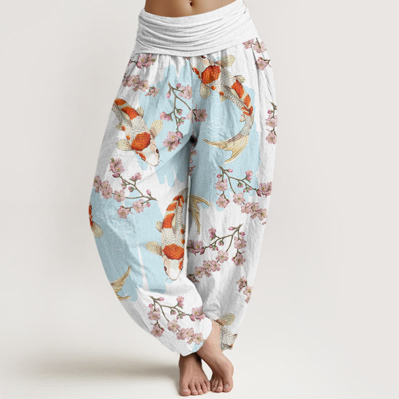 Buddha Stones Casual Koi Fish Cherry Blossom Pattern Women's Elastic Waist Harem Pants - White - US22,UK/AU26,EU54 (6XL) - image 1
