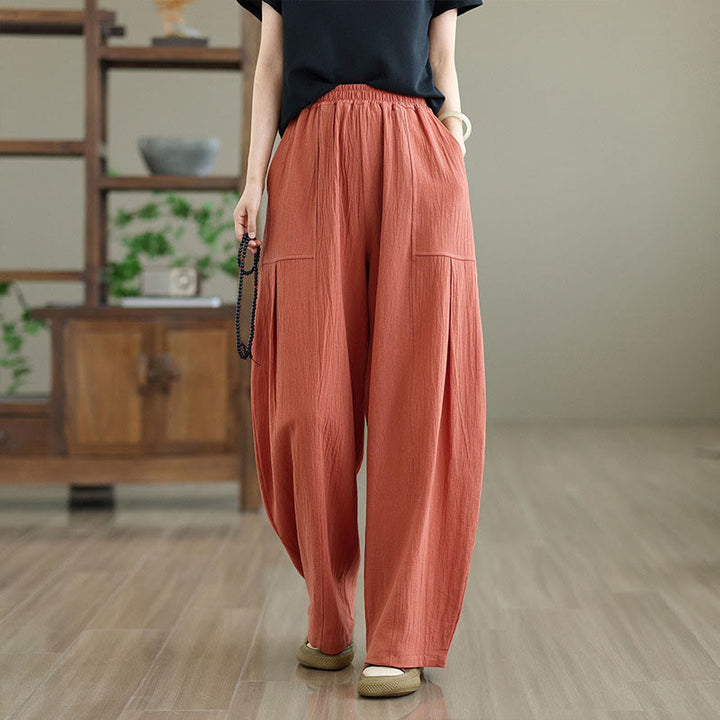 Buddha Stones Plain Pleated Design Ankle-Length Women's Cotton Linen Pants With Pockets - OrangeRed - US12,UK/AU16,EU44 (2XL) - image 1