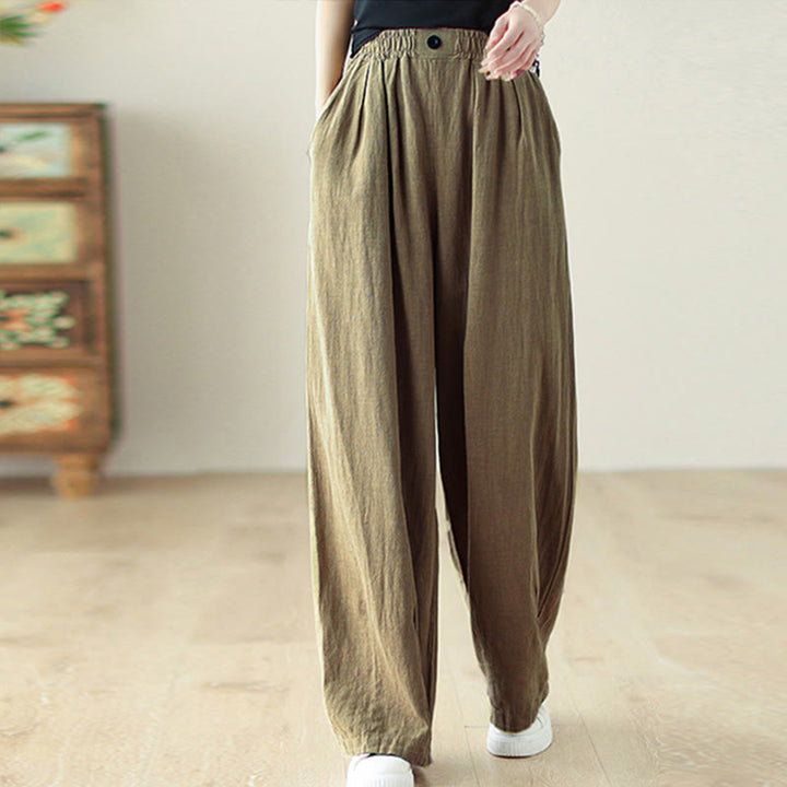 Buddha Stones Commute Button Design Women's Cotton Linen Elastic Waistband Pants With Pockets - DarkKhaki - US12,UK/AU16,EU44 (3XL) - image 1
