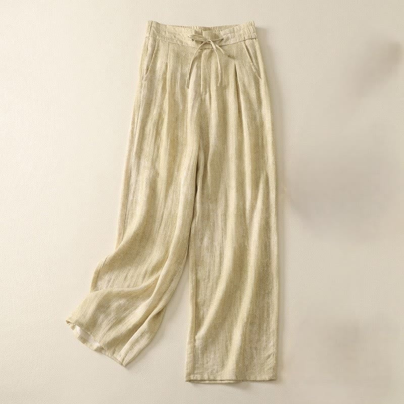 Buddha Stones Summer Plain Drawstring Zipper Design Women's Wide Leg Cotton Pants With Pockets - LemonChiffon - US12,UK/AU16,EU44 (2XL) - image 1