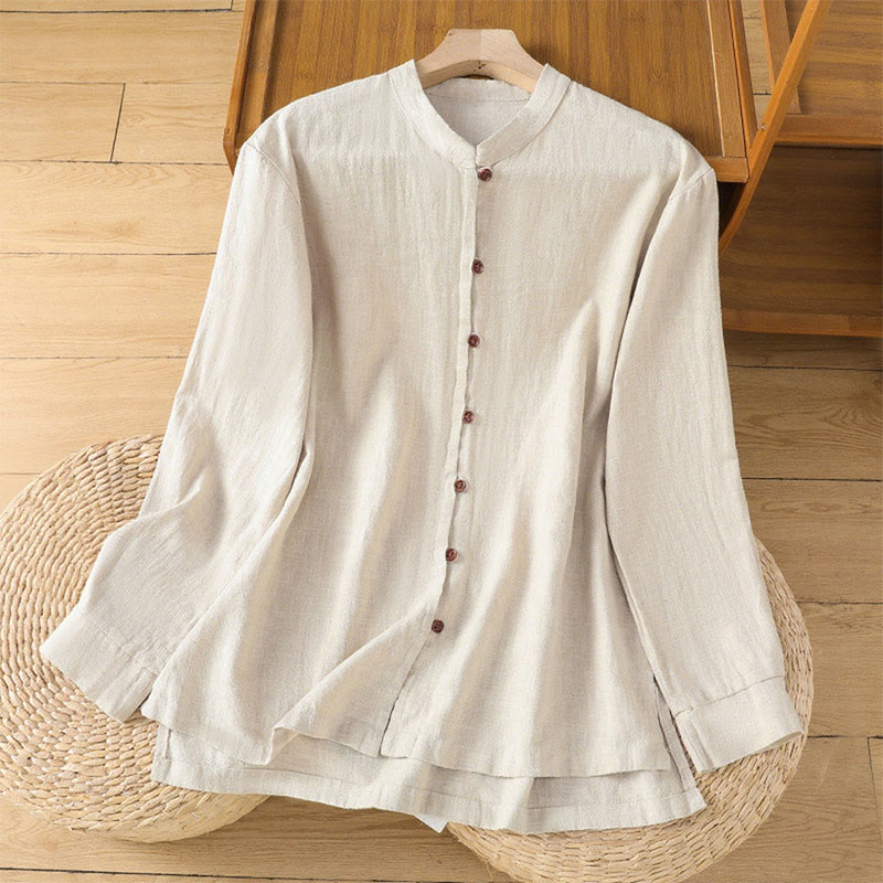 Buddha Stones Spring Solid Color Simple Hem Slit Design Cotton Linen Women's Shirt - Linen - US14,UK/AU18,EU46 (2XL) - image 1