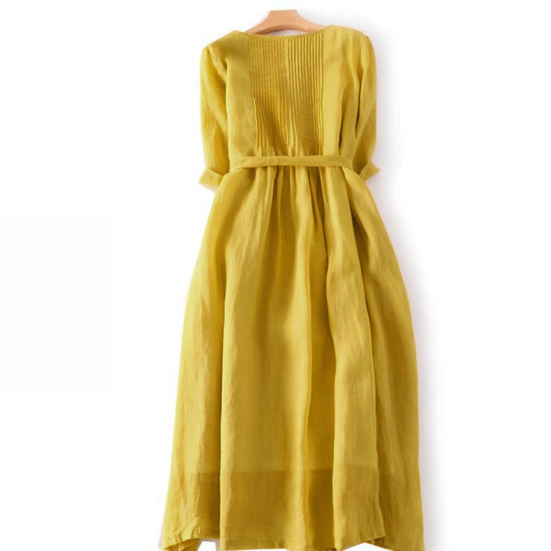 Buddha Stones Casual Lace-up Plain Crew Neck Half Sleeve Cotton Midi Dress With Pockets - image 7