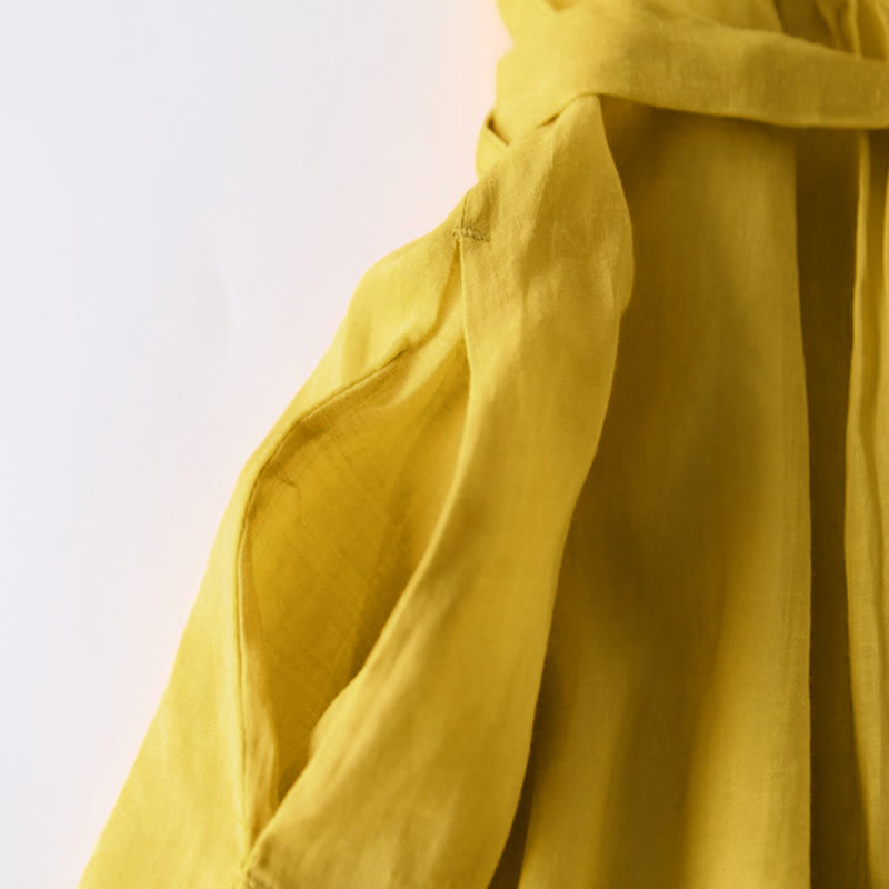 Buddha Stones Casual Lace-up Plain Crew Neck Half Sleeve Cotton Midi Dress With Pockets - image 12