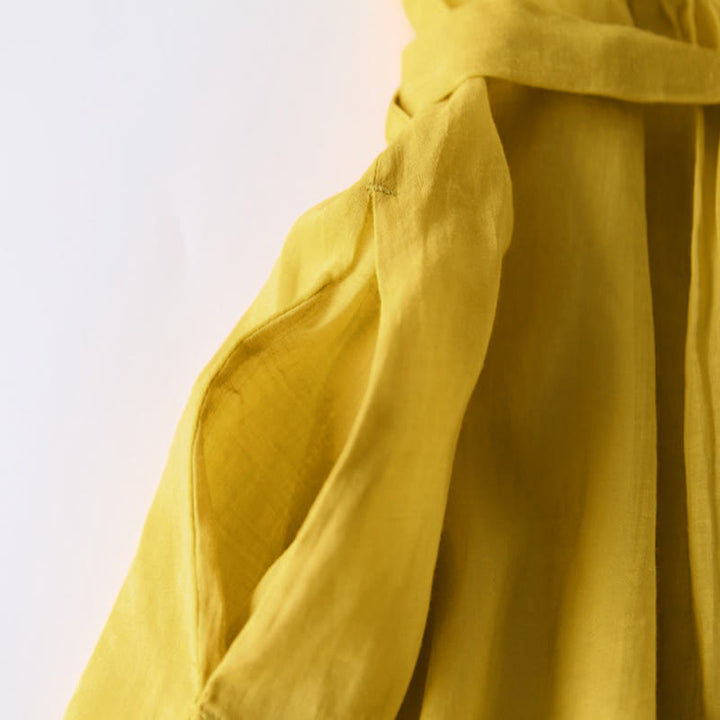 Buddha Stones Casual Lace-up Plain Crew Neck Half Sleeve Cotton Midi Dress With Pockets - image 12