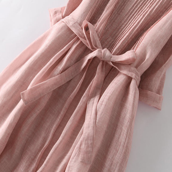 Buddha Stones Casual Lace-up Plain Crew Neck Half Sleeve Cotton Midi Dress With Pockets - image 3