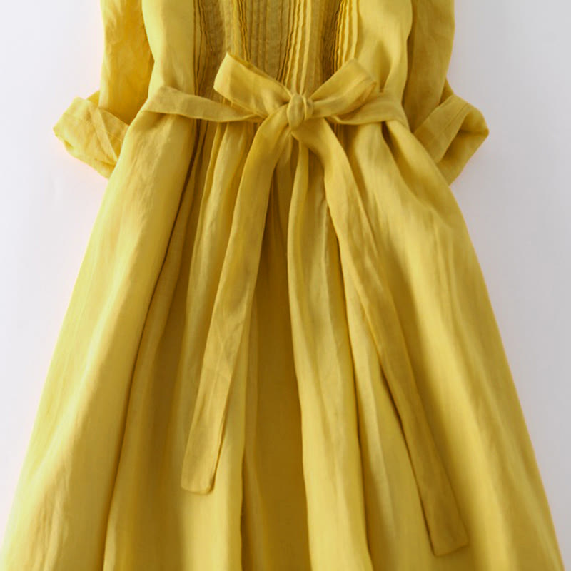 Buddha Stones Casual Lace-up Plain Crew Neck Half Sleeve Cotton Midi Dress With Pockets - image 13