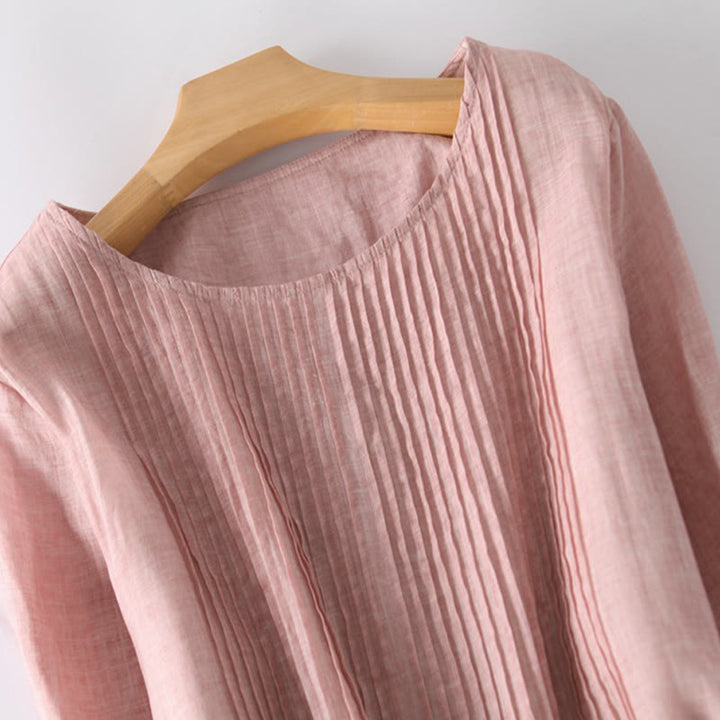 Buddha Stones Casual Lace-up Plain Crew Neck Half Sleeve Cotton Midi Dress With Pockets - image 5