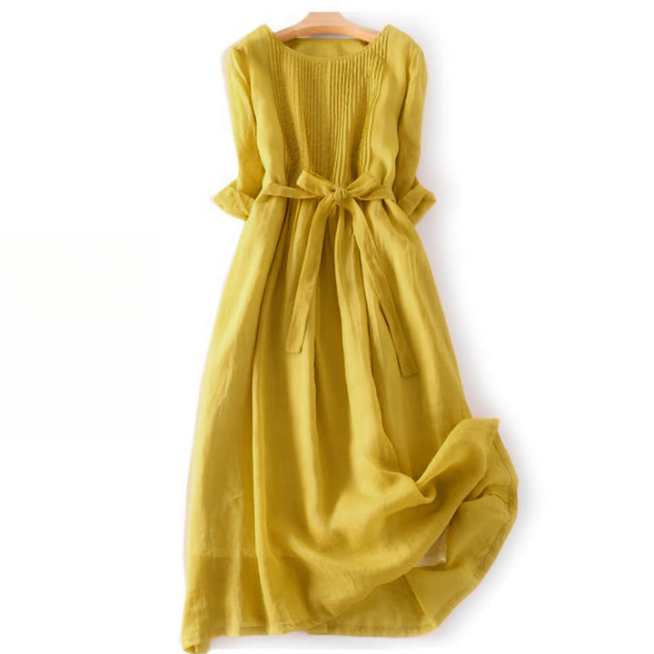 Buddha Stones Casual Lace-up Plain Crew Neck Half Sleeve Cotton Midi Dress With Pockets - Gold - US12,UK/AU16,EU44 (3XL) - image 6