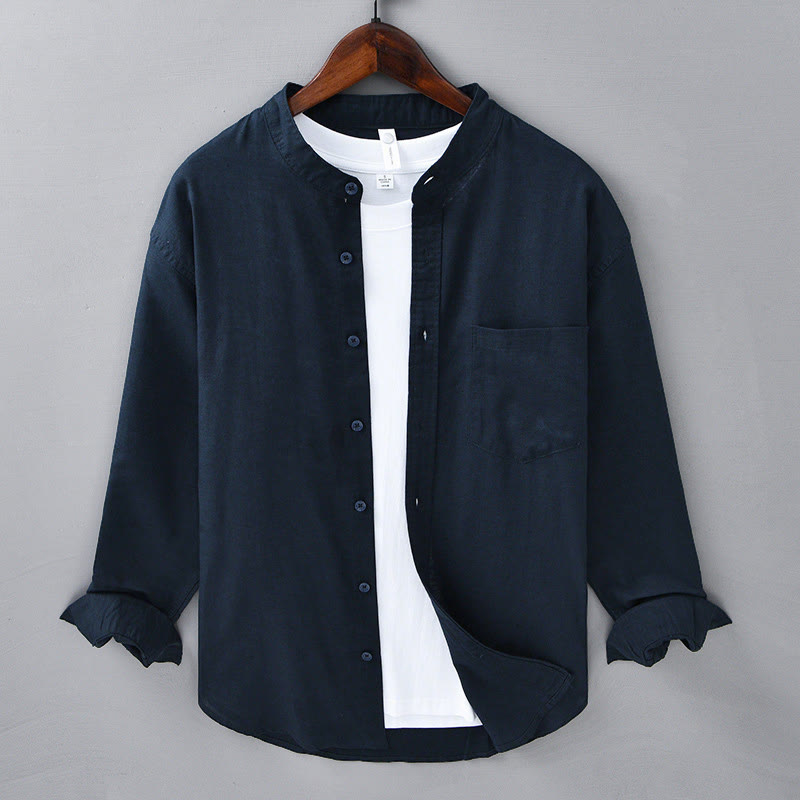 Buddha Stones Men's Long Sleeve Stand Collar With Pocket Pure Color Casual Cotton Linen Shirt - MidnightBlue - US/UK/AU40,EU50 (3XL) - image 38